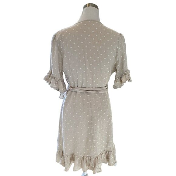 WAYF Womens L Ruffle Wrap Dress Polka Dot Linen Summer Classic Minimalist - Picture 7 of 14